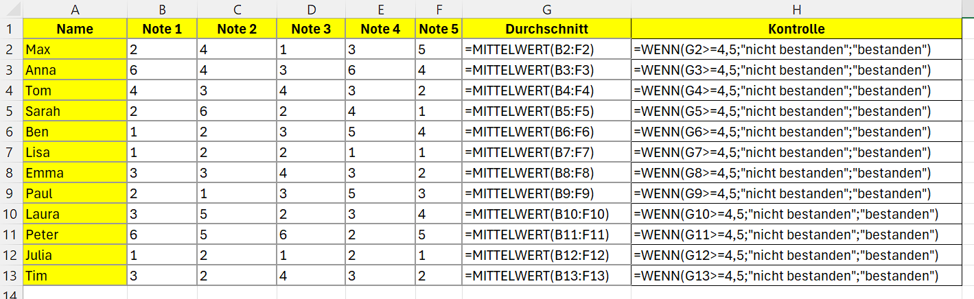 Excel-Tabelle mit Beispiel für eine WENN-Funktion